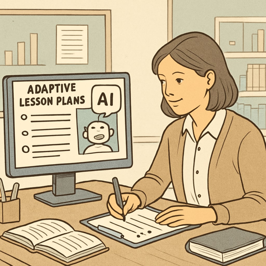 A teacher collaborating with an AI system to design adaptive lesson plans. Teacher using AI tools to enhance K12 education planning.
