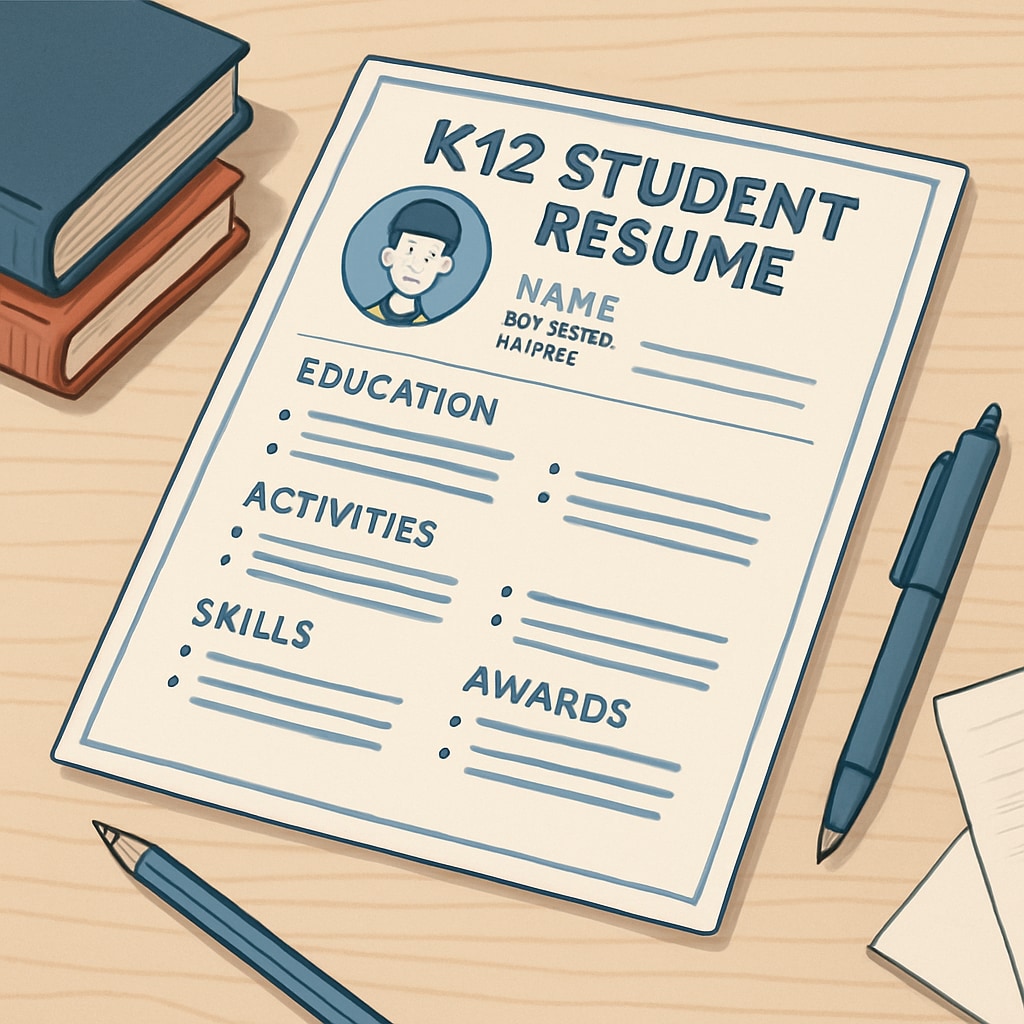 A neatly designed K12 student resume displayed on a wooden desk.