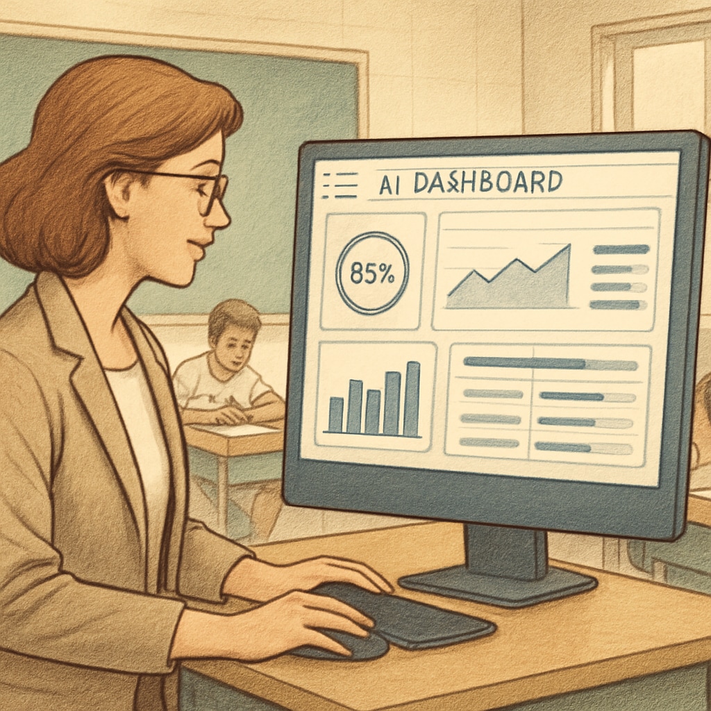 A teacher using an AI-powered dashboard to monitor student progress in real time, demonstrating the integration of AI in teaching roles. Teacher using AI dashboard to track student performance