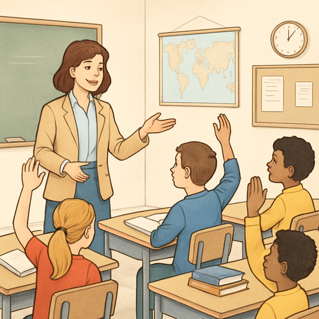 A teacher leading a class of engaged students, symbolizing effective teaching and classroom management. Teacher managing a classroom in Canada.