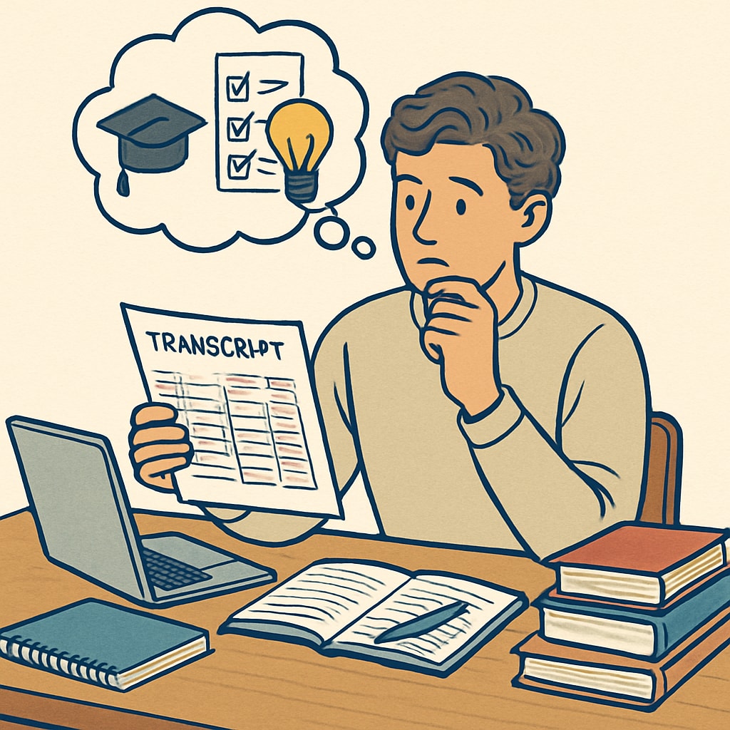 A student reviewing their transcript and brainstorming ways to improve their application. Student reviewing transcript related to Harvard admission criteria.