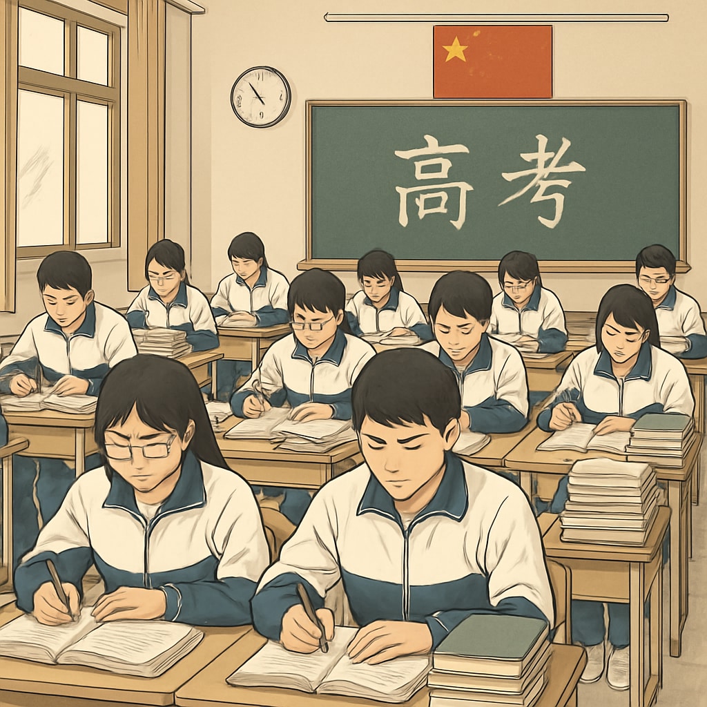 A classroom setting in China with rows of students preparing for the gaokao, showcasing the competitive atmosphere of Chinese education. Chinese students preparing for the gaokao, a major standardized test in the education system.
