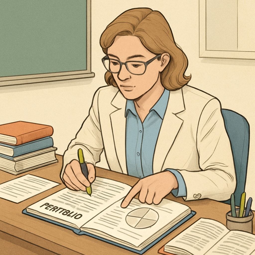 A teacher reviewing a student’s project portfolio, highlighting the shift to holistic assessment methods in education. A teacher evaluating a student’s portfolio for talent selection.