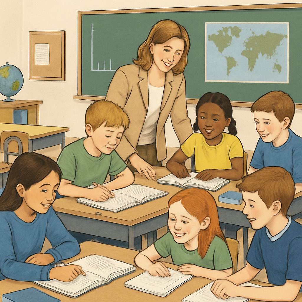 A classroom setting where students are engaging in collaborative learning activities. Classroom scene illustrating collaborative learning, relevant to Harvard’s emphasis on holistic education.