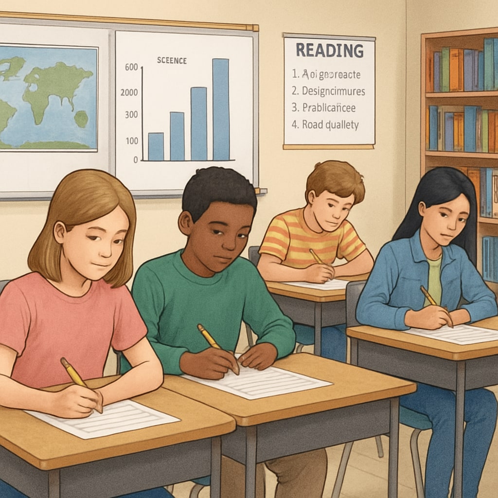 A U.S. classroom environment with students taking a standardized test, highlighting a more diverse and relaxed atmosphere. U.S. students taking a standardized test, reflecting the emphasis on equality in education.