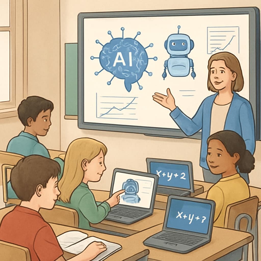 A classroom setting showcasing students interacting with AI-powered tools, emphasizing the integration of technology into education. Students engaging with AI-powered learning tools in a classroom, highlighting AI's role in education reform.