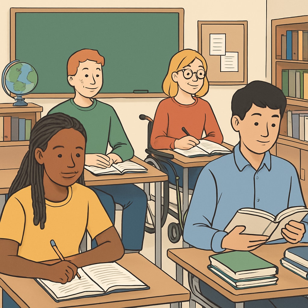 A group of diverse students sitting in a classroom, symbolizing the academic diversity and holistic evaluation process in elite universities. Students in a classroom discussing academic diversity and admissions.