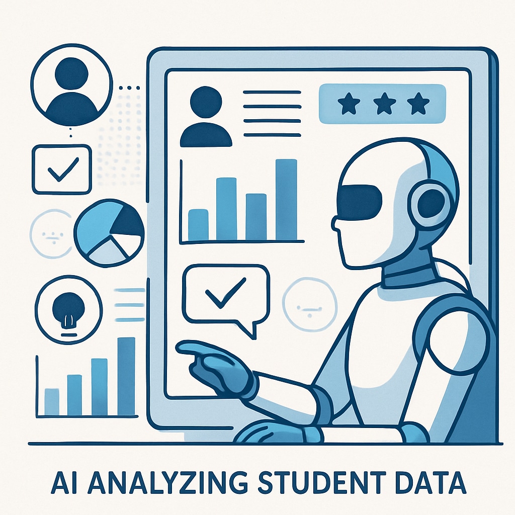 A digital visualization of AI analyzing student data to provide personalized feedback, illustrating the transformative power of AI in education. AI analyzing student performance data for personalized feedback, symbolizing advanced evaluation methods.