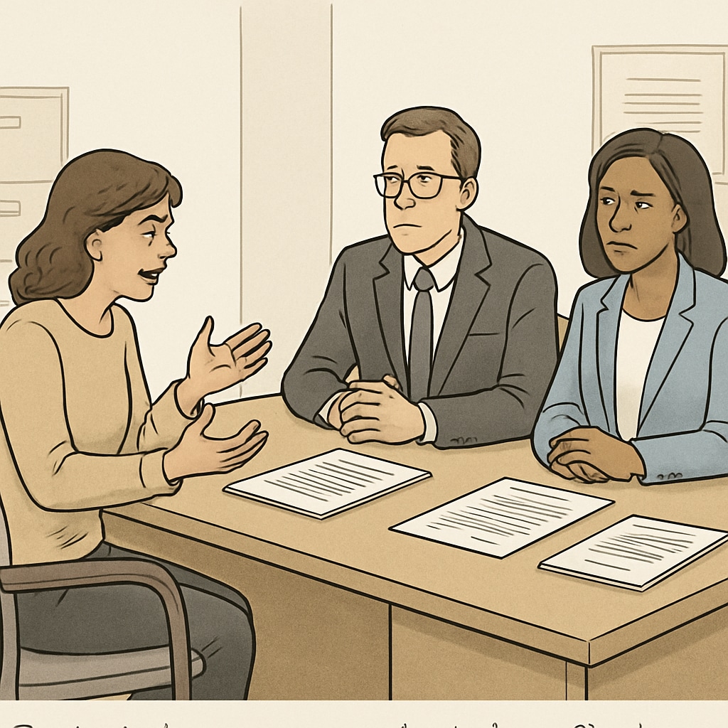 A frustrated parent discussing school transfer issues with district officials in an office setting, emphasizing the emotional toll of poor district communication. Parent discussing school transfer challenges in a district office setting