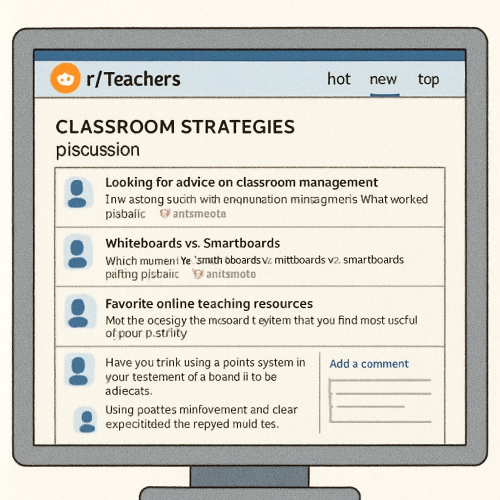 A screenshot of the subreddit r/Teachers displaying discussions on classroom strategies and teaching tools. Reddit education discussion on r/Teachers featuring classroom strategies and teaching tools.