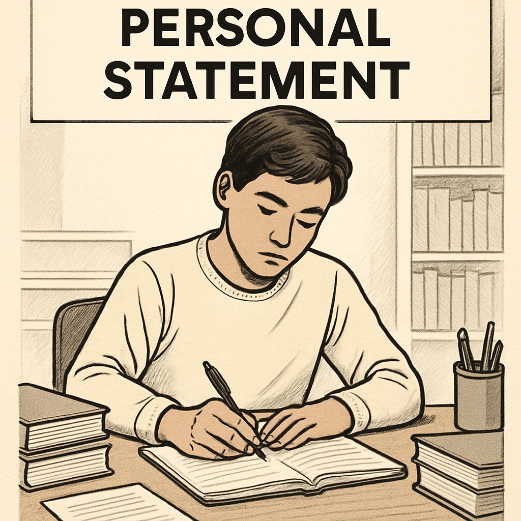 A student writing an essay at a desk, emphasizing the importance of personal statements in college applications. Student crafting a personal statement for college admissions.