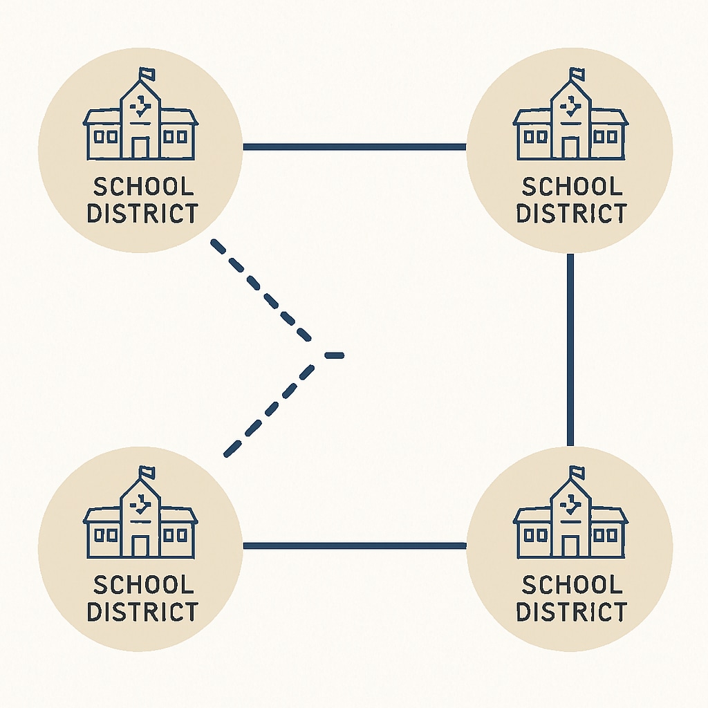 A visual representation of interconnected school districts with communication lines, highlighting gaps or broken connections due to poor coordination. Diagram showing communication gaps between school districts