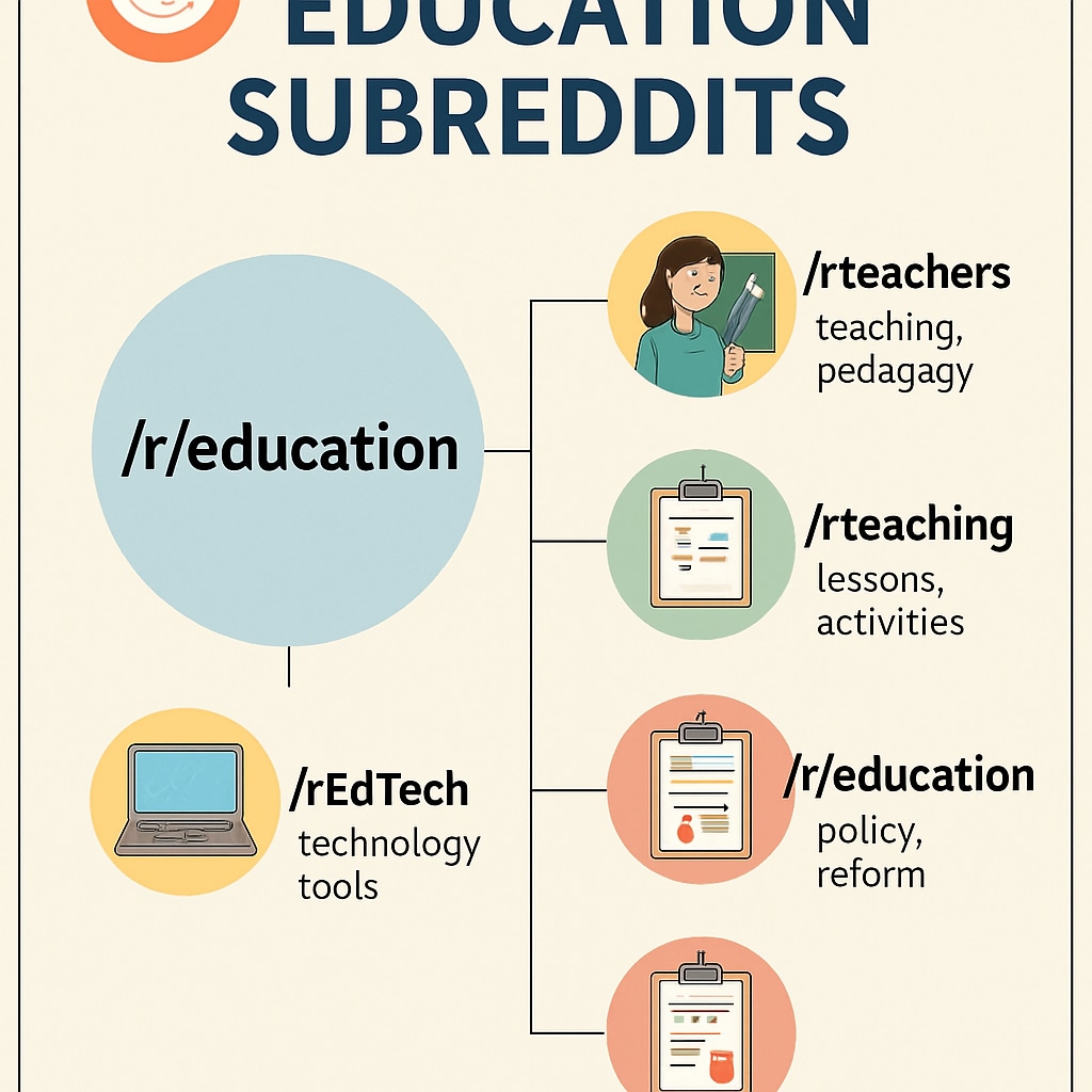 A creative infographic summarizing Reddit’s education subreddits and their main focus areas. Infographic showing Reddit’s education subreddits and their key topics.