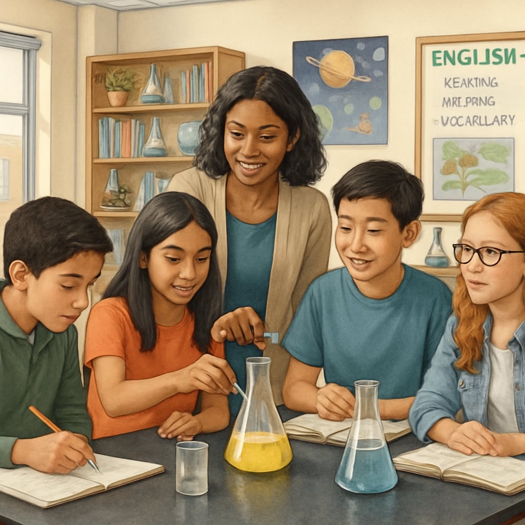 A teacher assisting English learners during a hands-on science experiment in a high school classroom. Teacher supporting English learners in a science experiment.