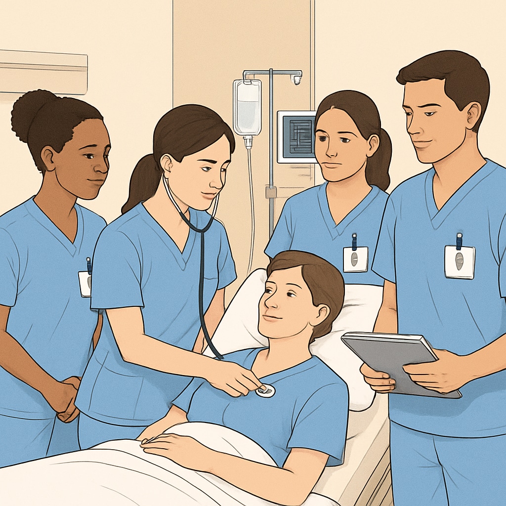 A group of nursing students in a clinical setting, practicing patient care skills. Nursing students practicing patient care skills in a clinical environment.