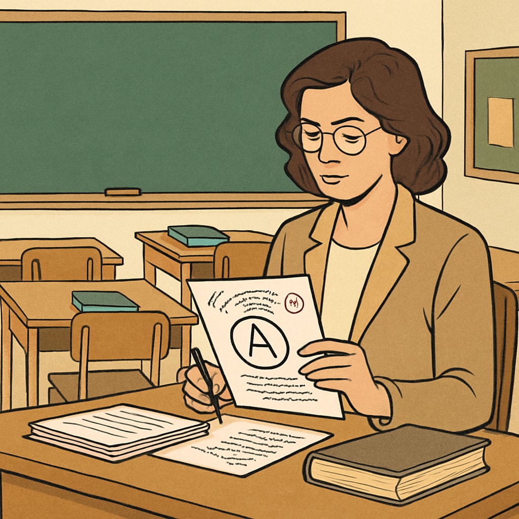 A classroom setting where a teacher reviews student assignments to ensure academic integrity. Teacher reviewing student assignments in a classroom to ensure academic integrity.