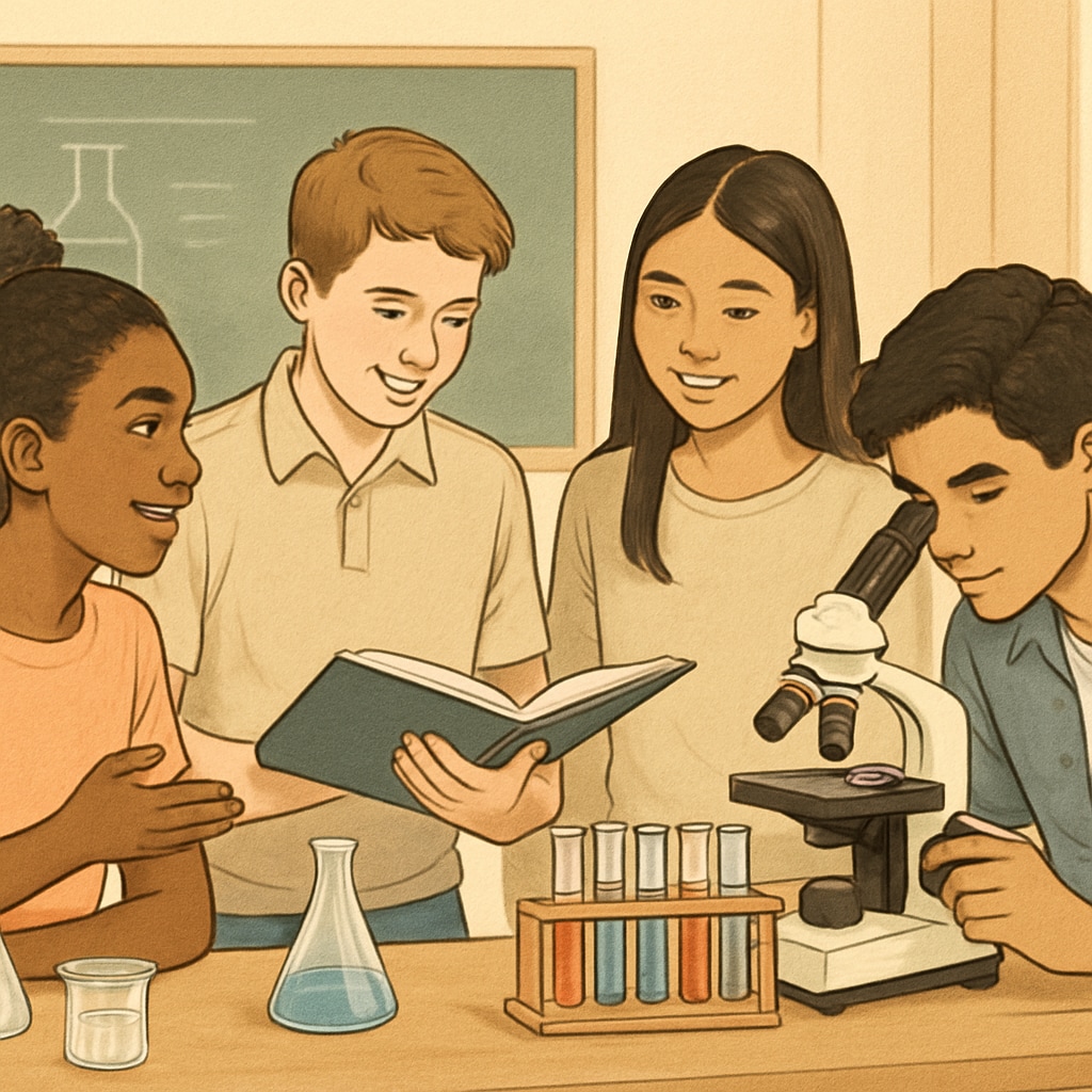 A diverse group of high school students collaborating on a science project. High school students working together on a science project in an inclusive classroom.