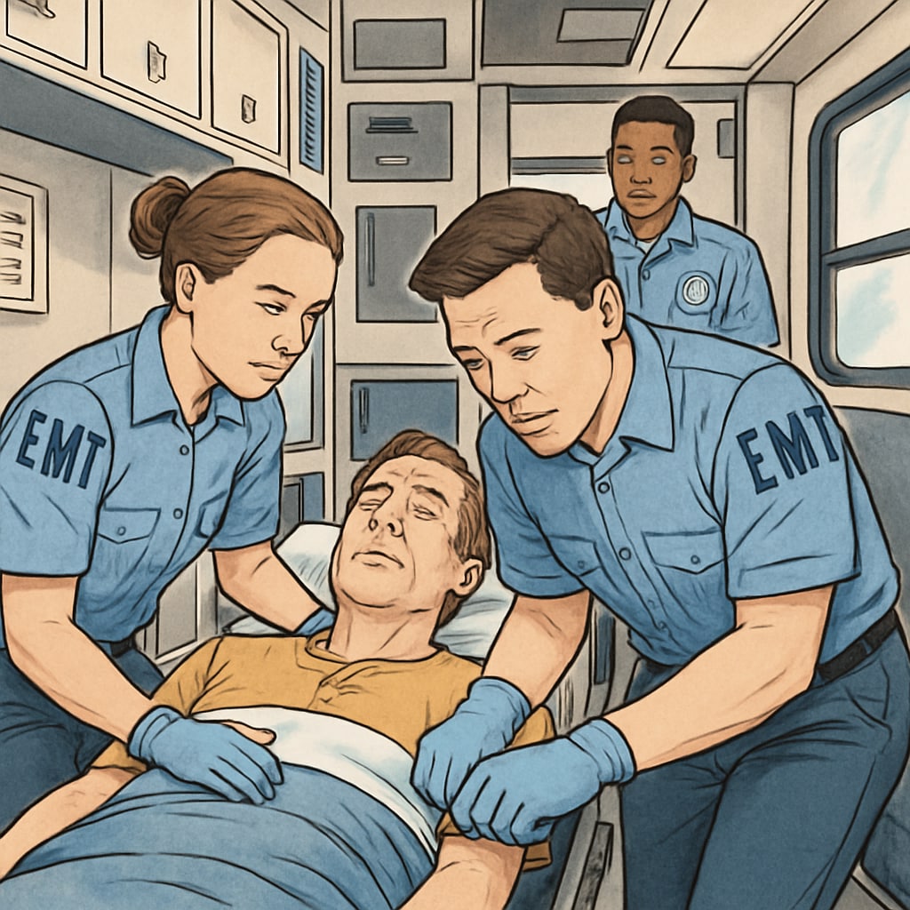 EMT workers assisting a patient in an ambulance, emphasizing teamwork and emergency response. EMT workers providing emergency care in an ambulance.