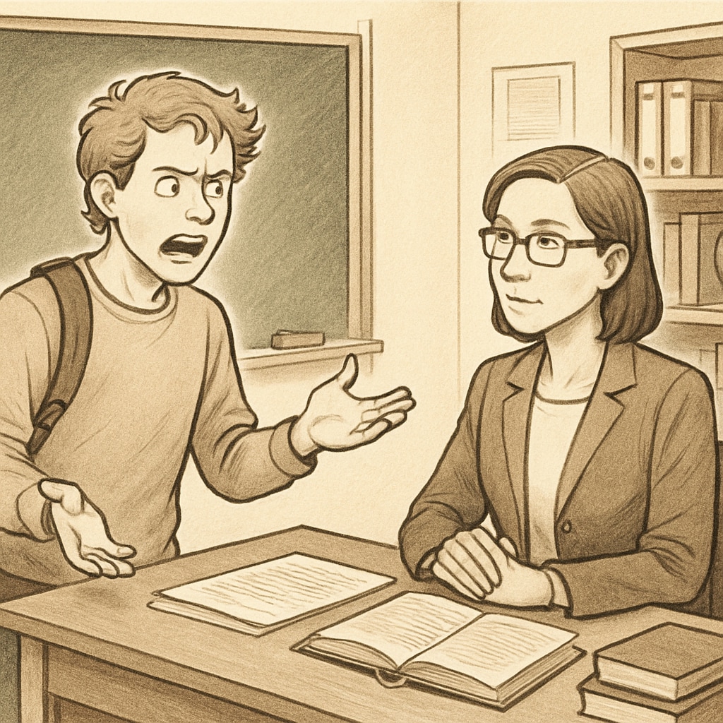 A frustrated student discussing plagiarism accusations with their teacher in a school setting. Student discussing plagiarism accusations with teacher in a classroom setting.