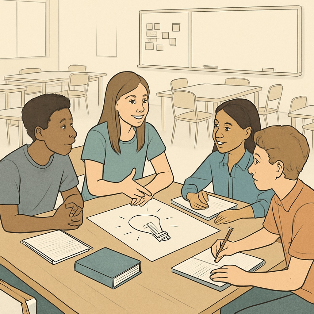 A group of high school students participating in a community workshop, discussing ideas and collaborating on a project. High school students collaborating in a workshop, exploring learning resources.