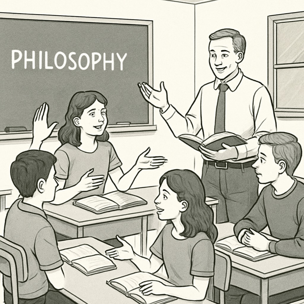A classroom setting with students engaged in philosophical discussion guided by a teacher. Students participating in a philosophy lesson led by a teacher as part of a social experiment.