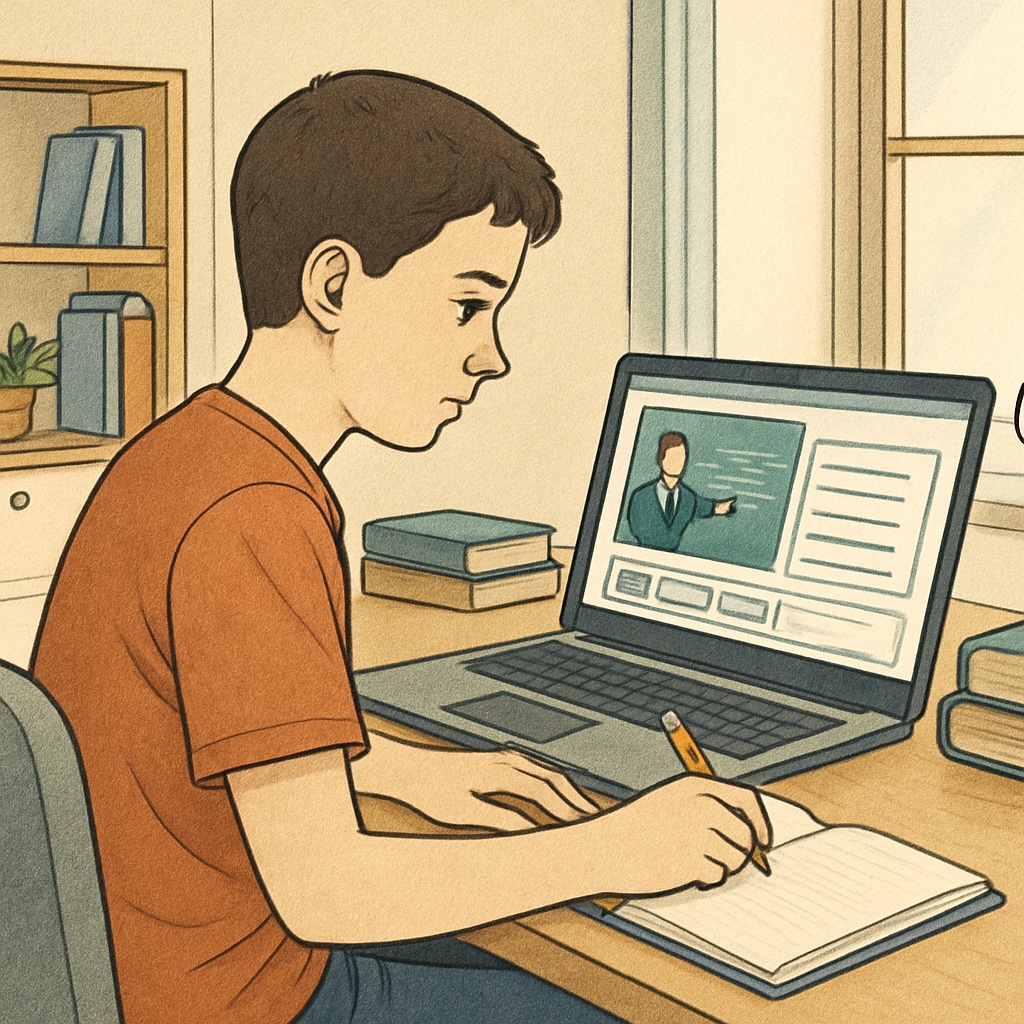 A student using a laptop at home, concentrating on an online learning platform. High school student focused on an online education course and study resource.