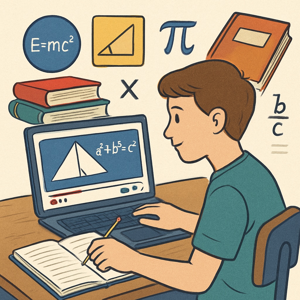 A student learning math with a laptop and notebook, showcasing accessible online resources like YouTube. Student using YouTube learning resources to improve math skills.