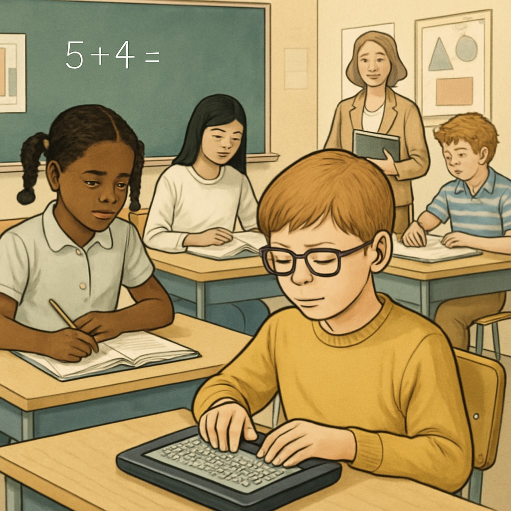 A classroom environment with diverse students, including one using assistive technology for learning. Classroom scene showcasing assistive technology for students with learning challenges.