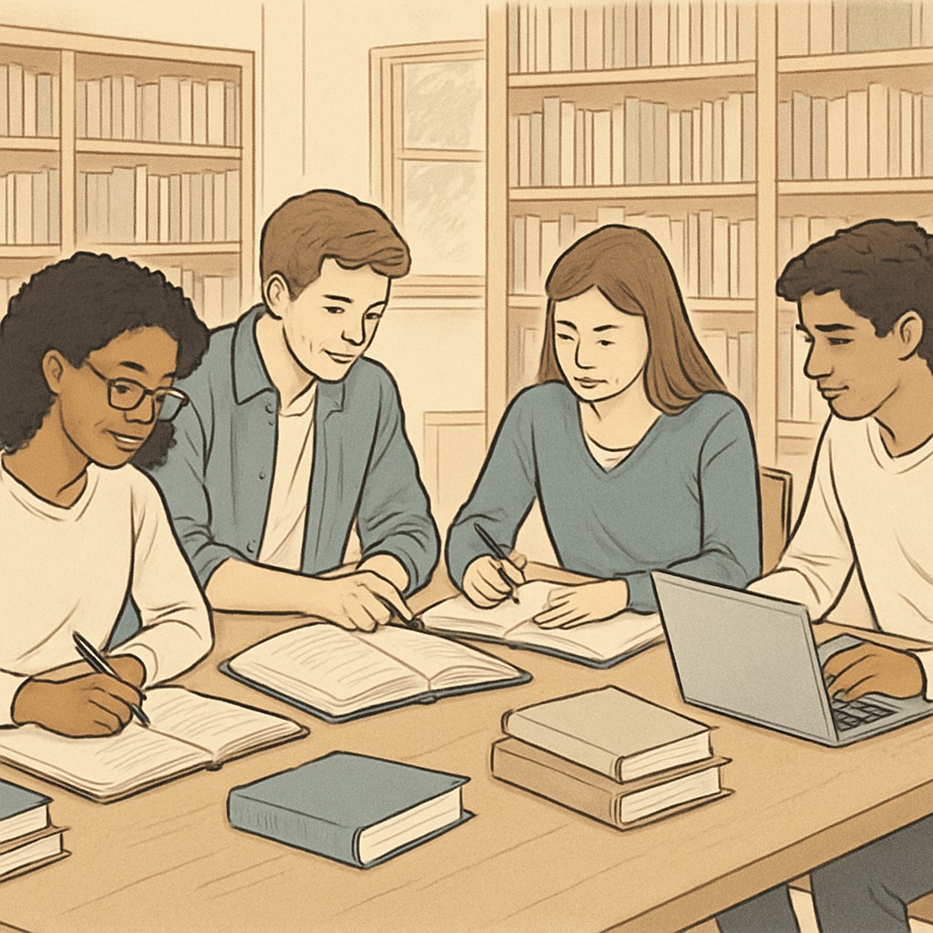 Group of university students collaborating in a study session, symbolizing teamwork and academic growth. Collaborative study session among Houston University students.
