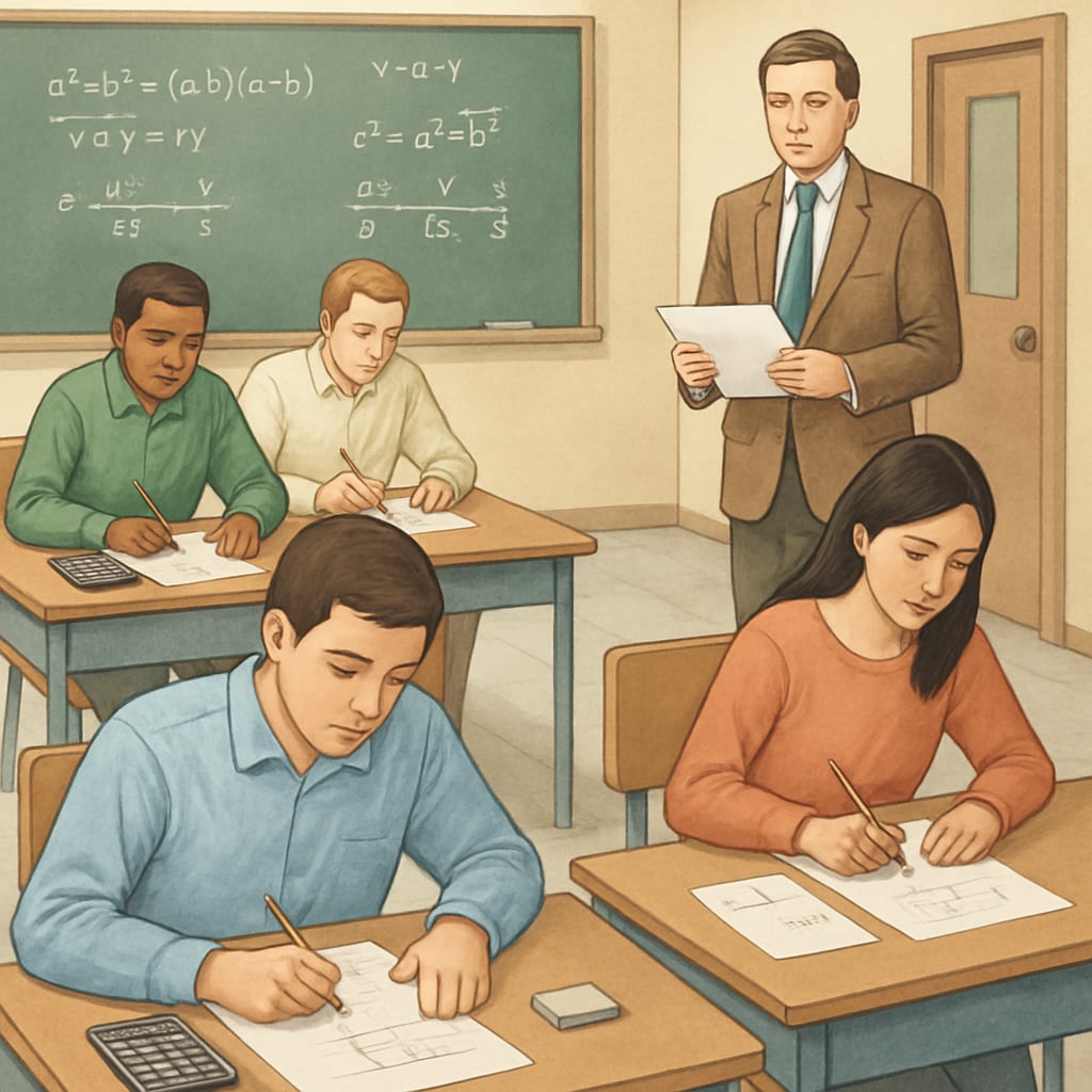 A recruitment test scene with candidates solving math-based problems, reflecting the importance of practical skills. Candidates solving math problems during a campus recruitment test.
