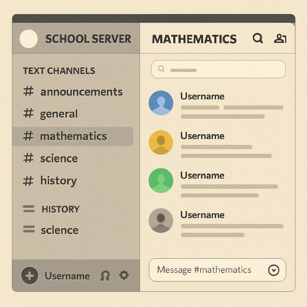 Screenshot of a Discord server with organized channels for educational topics, illustrating digital collaboration tools. Discord server setup for academic collaboration among Houston University students.