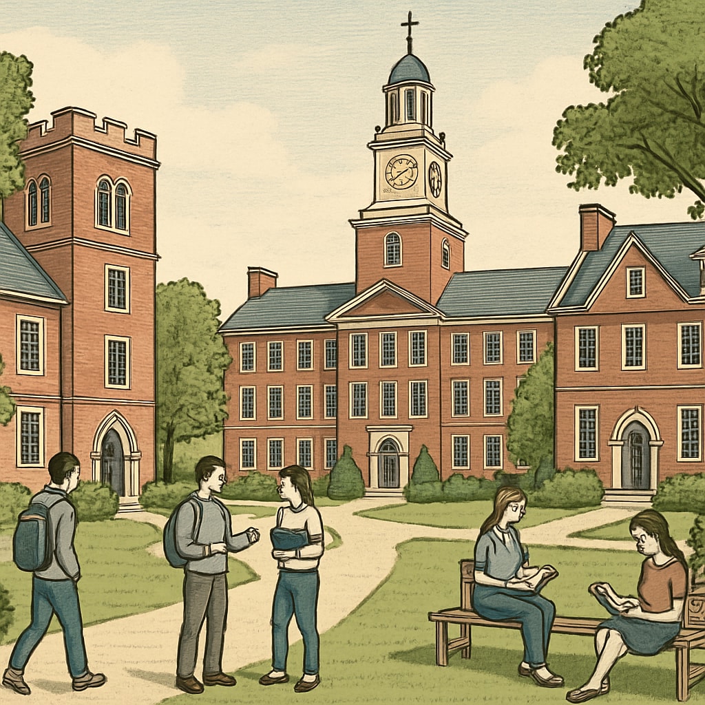 Ivy League campus buildings with students walking, symbolizing prestige and exclusivity. Ivy League campus with students, highlighting higher education reputation.