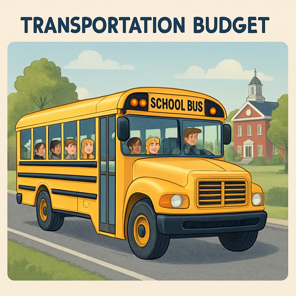 A school bus transporting students, symbolizing the transportation budget as part of school funding. School bus representing transportation costs in school budgets.