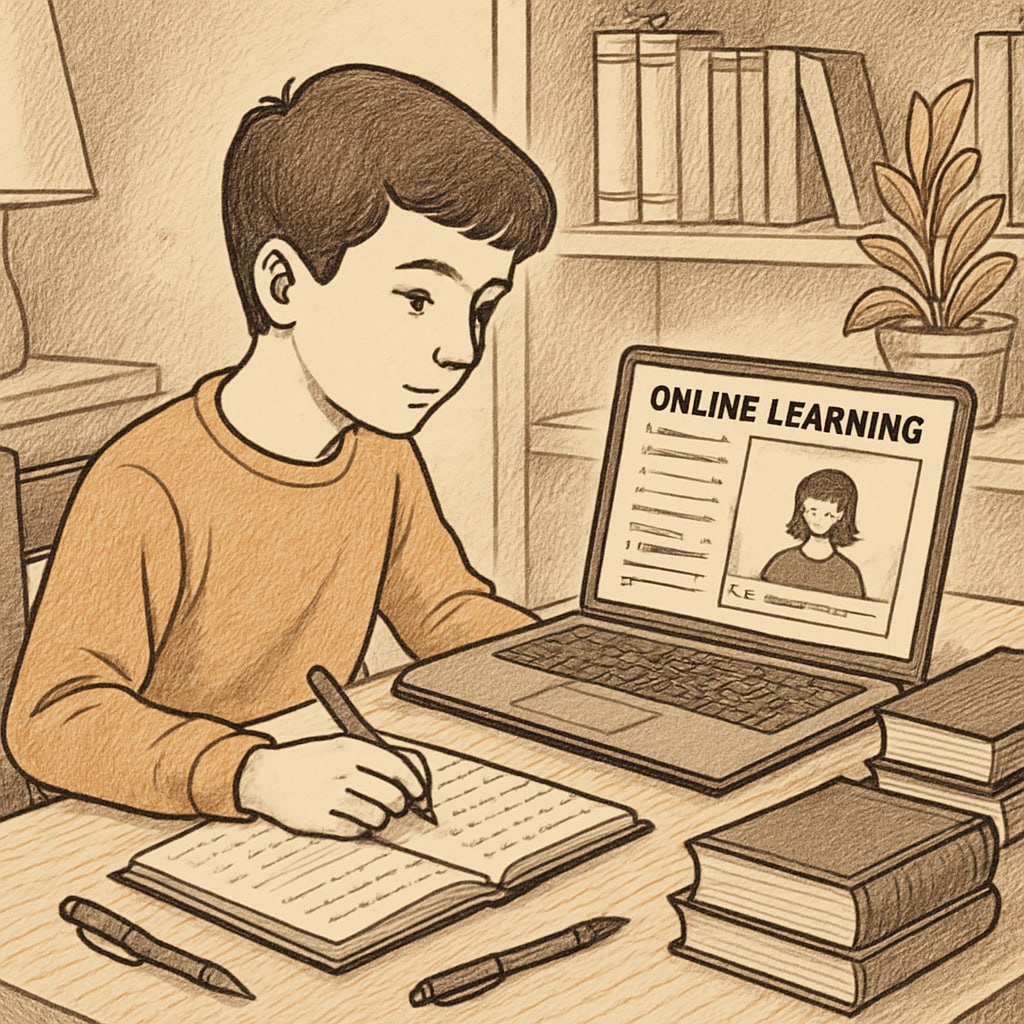 A young student studying at home with online learning materials on a laptop. A student engaged in online learning as part of alternative education options.