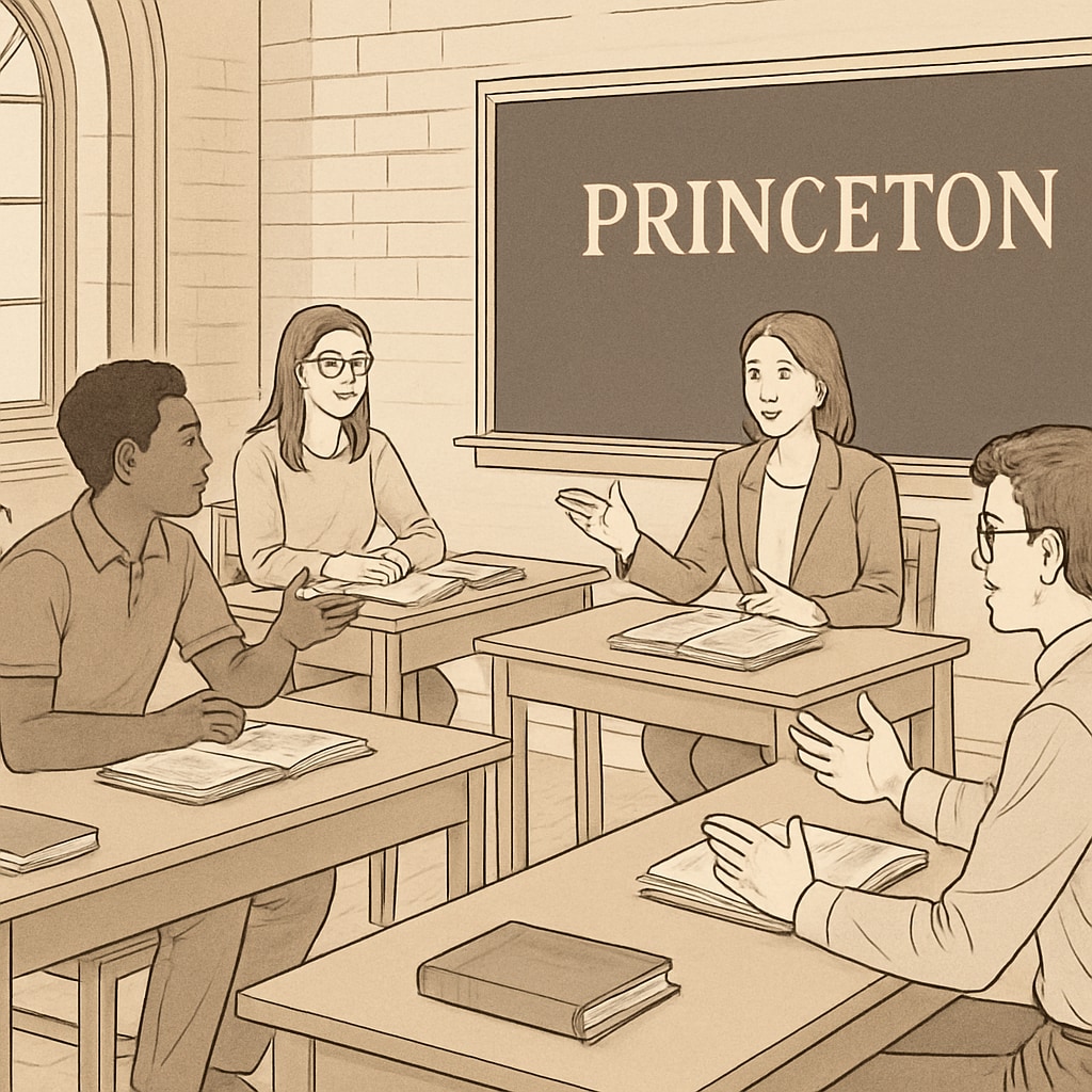A Princeton classroom with students engaged in discussion, highlighting the academic environment. Princeton classroom environment, showcasing academic discussions.