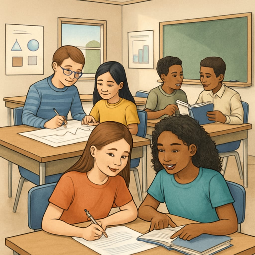Classroom scene emphasizing academic integrity and collaboration.