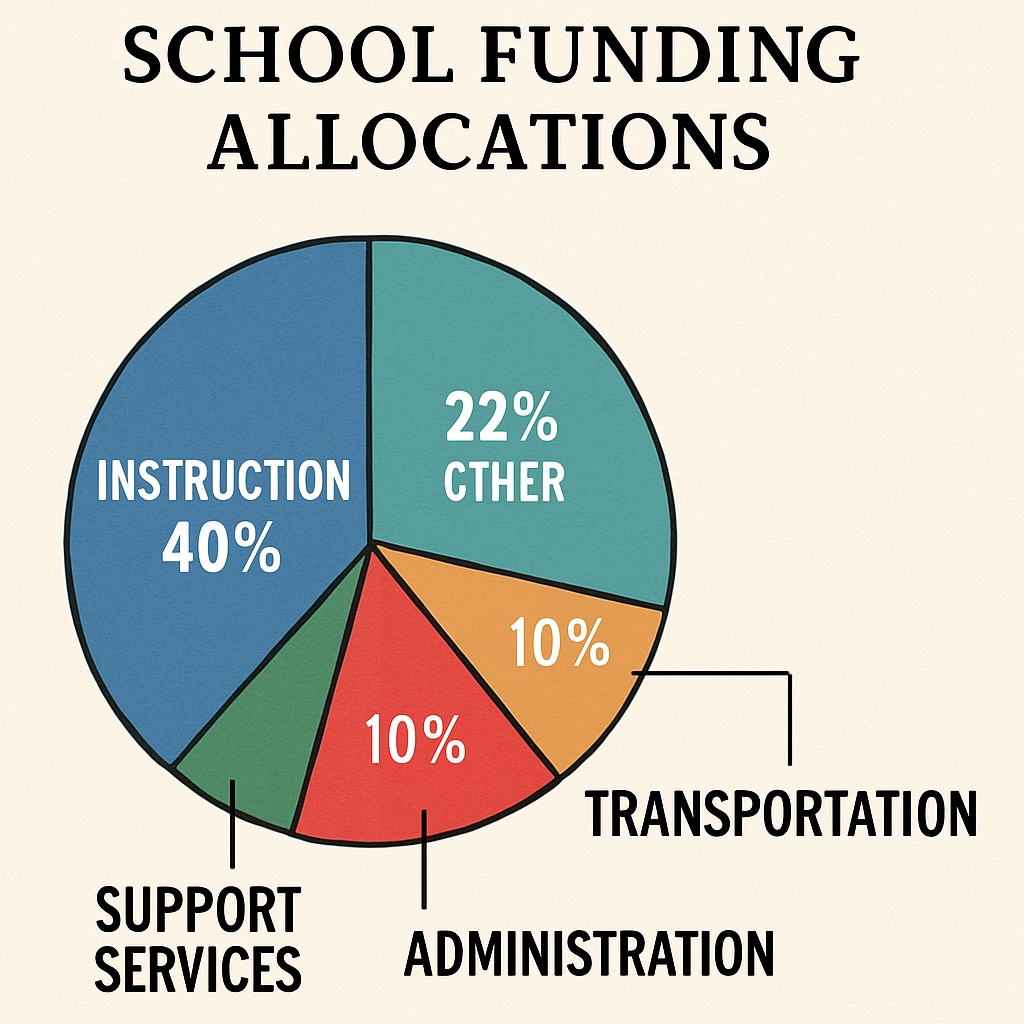 A chart showing the breakdown of school funding allocations, highlighting transportation and administrative costs. Chart illustrating school funding distribution with a focus on transportation.