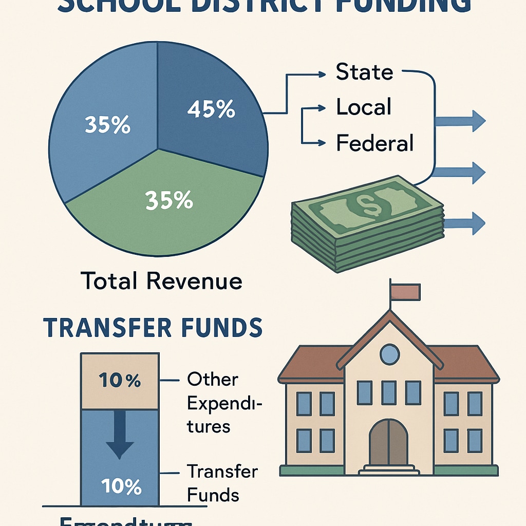 A graphic showing the breakdown of school district funding, with a focus on transfer funds as a subset. Chart illustrating transfer funds' impact on school budgets and per-student spending.