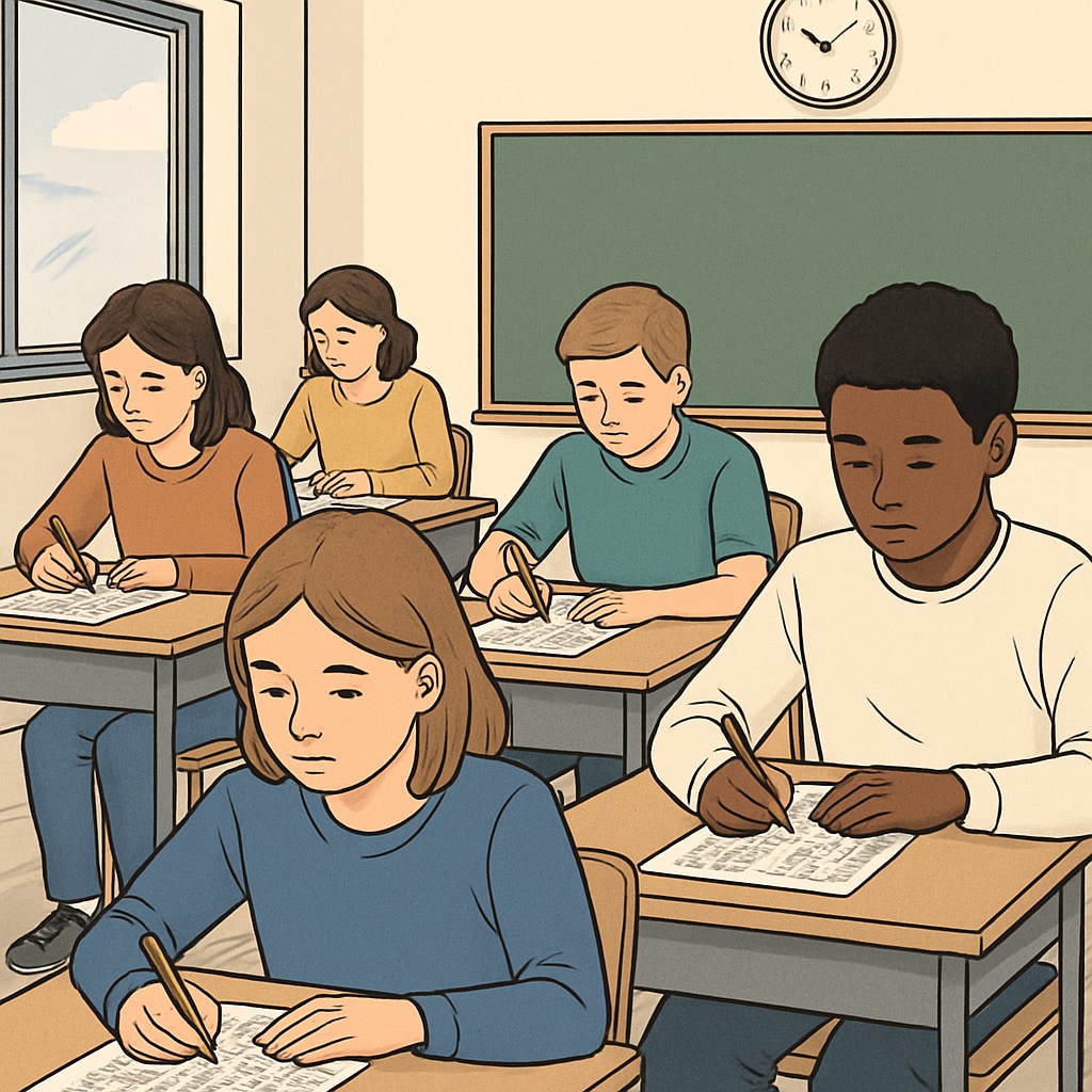 A classroom setting with students taking a standardized test, symbolizing traditional exam methods. Traditional competitive exams in a classroom setting.