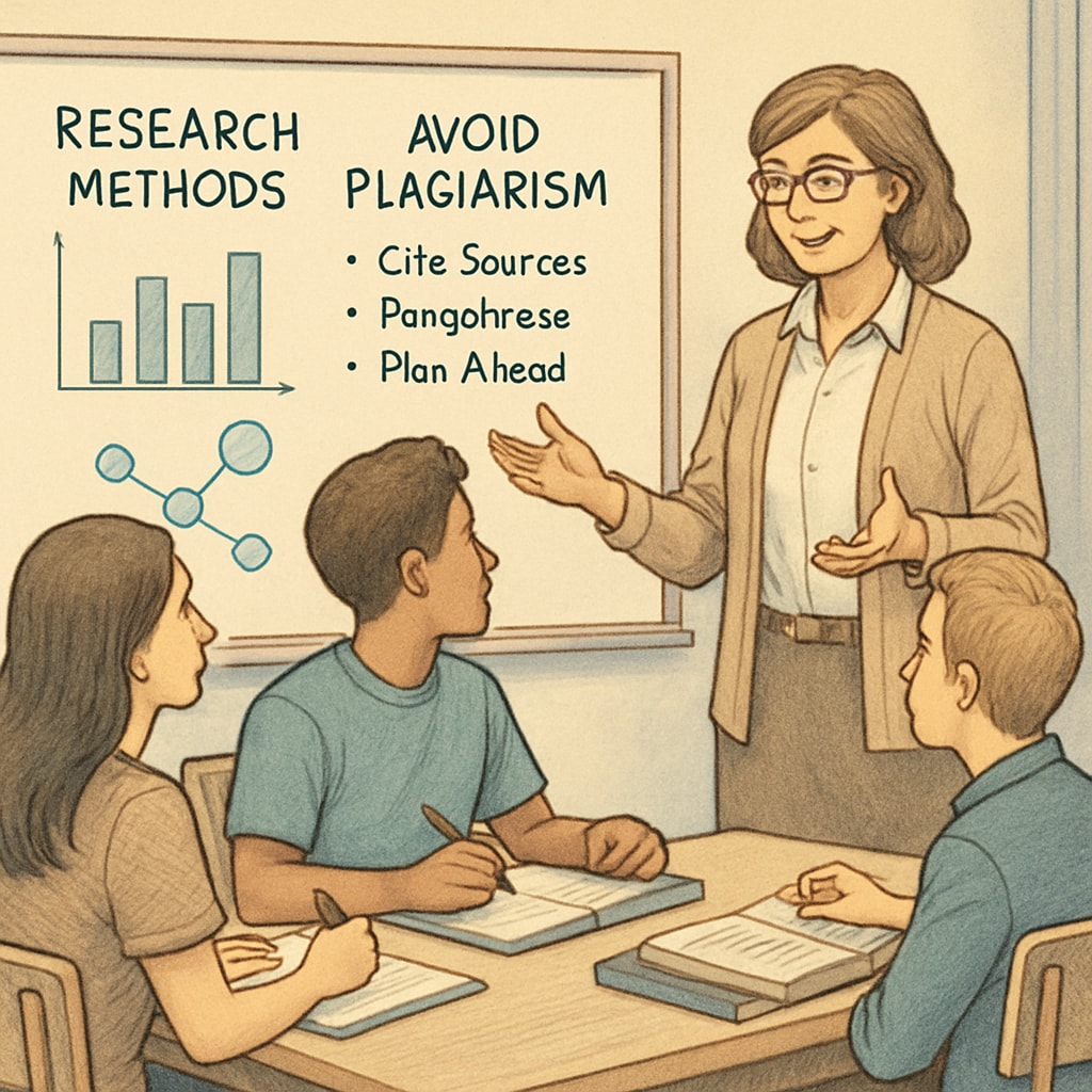 A teacher guiding students on research methods to uphold academic integrity.