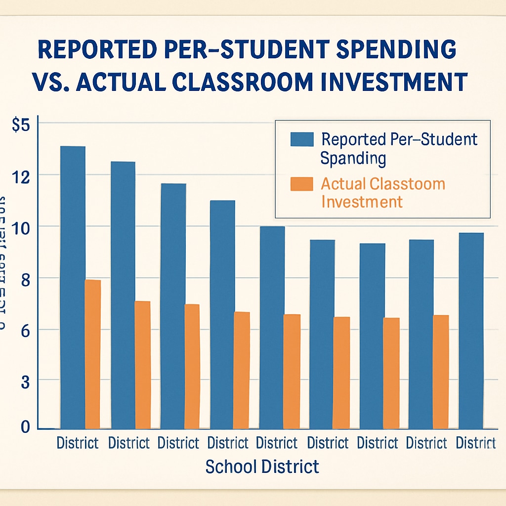 A chart comparing reported per-student spending vs actual classroom investment in various school districts. Data visualization of per-student spending discrepancies due to transfer funds.