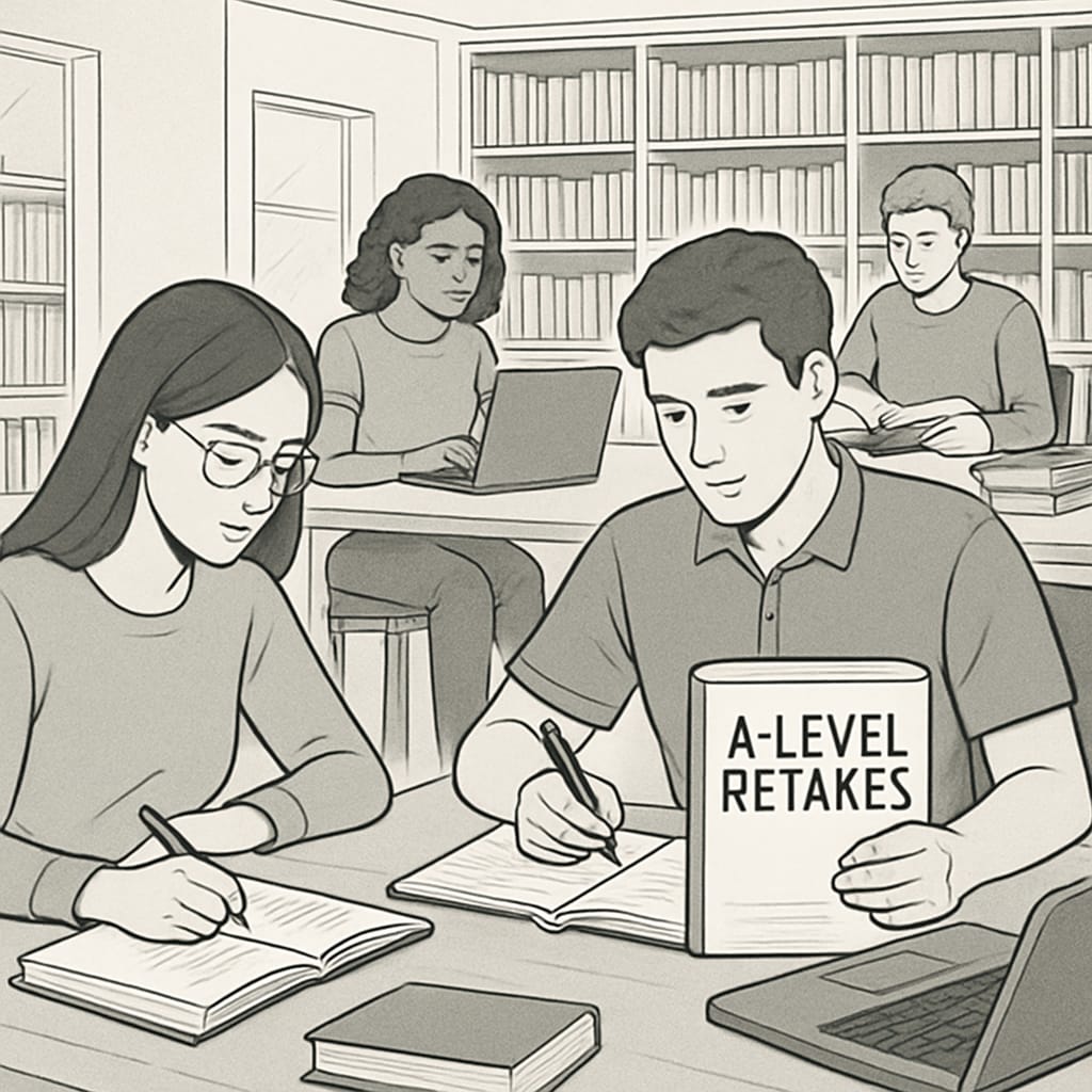 Students studying for their A-level retakes at a library, with books and laptops in view. The image conveys focus and determination. Students preparing for A-level exam retakes in a library setting