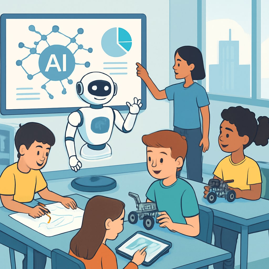 A futuristic classroom with AI-driven tools and students engaging in project-based learning. AI-driven education tools promoting innovative learning methods.