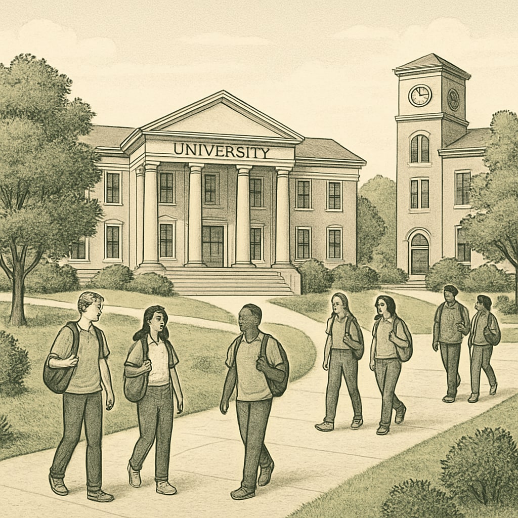Campus view of a local university with students walking to class. The image highlights the accessibility of local institutions. Local university campus with students heading to lectures