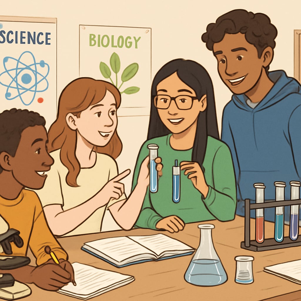 A diverse group of high school students working collaboratively in a science lab setting, symbolizing inclusivity and active learning. High school students collaborating in a science lab to promote inclusive learning for ELLs.