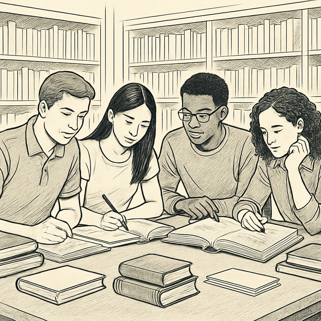 A group of students studying together for A-Level retakes in a library, showcasing collaborative learning and dedication. Students preparing for A-Level exam retakes in a library setting