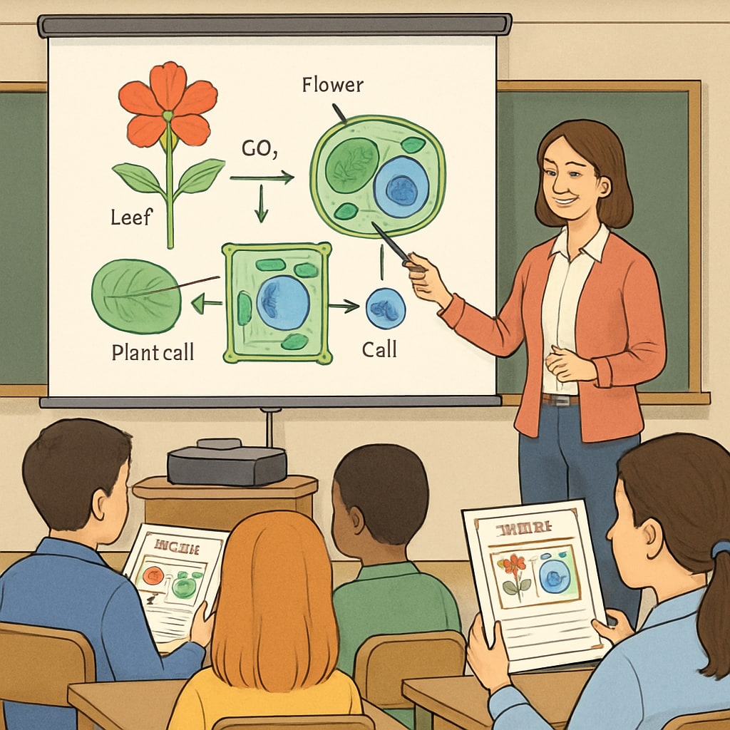 A teacher using a projector to explain a scientific diagram while students follow along with translated handouts. Teacher explaining scientific concepts to ELLs using visual aids and translated materials.