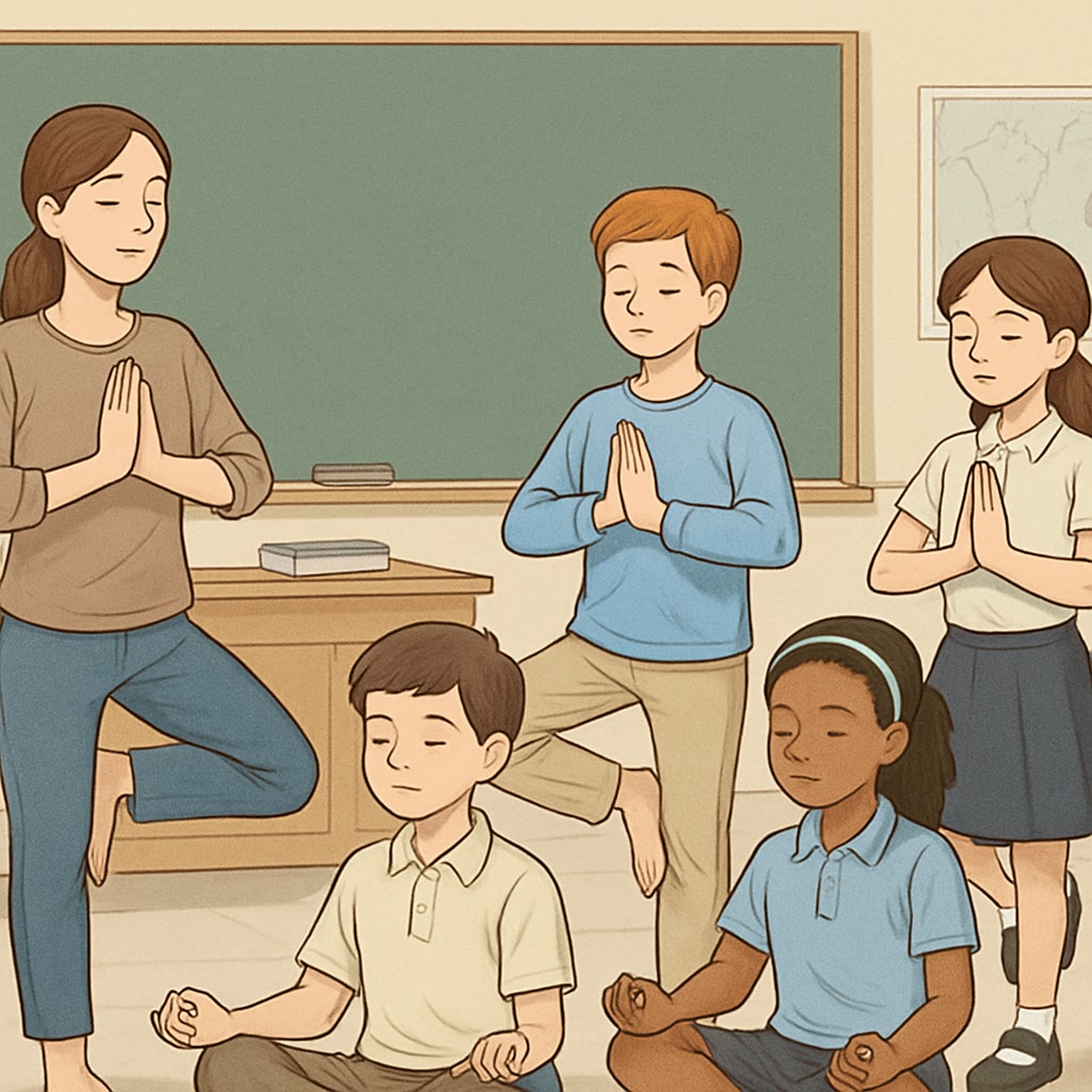 Students practicing yoga in a classroom setting, inspired by Sadhguru's focus on mindfulness.