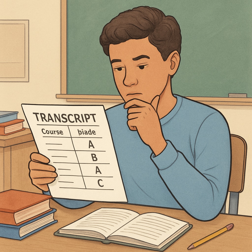 A high school student reviewing their transcript, showcasing a mix of grades, to symbolize the holistic admissions process. A student transcript with mixed grades, illustrating the holistic review in Harvard applications.