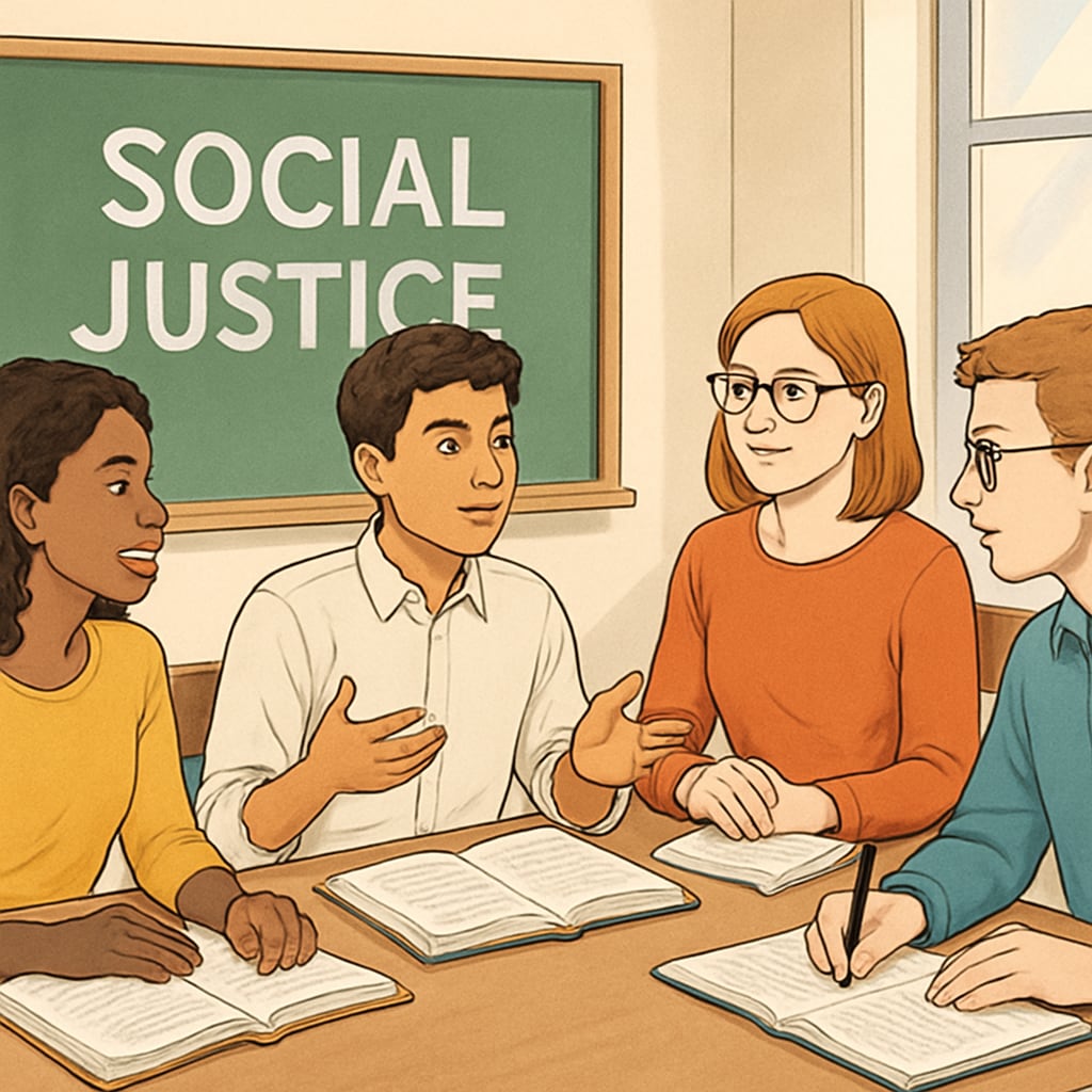 Students discussing social justice topics in a classroom setting as part of school awareness education.